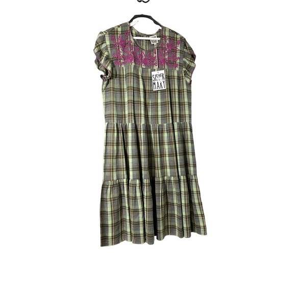 Sister Mary Embroidered Paloma Shift Dress Cotton Plaid Floral Flutter Sleeve S - Picture 2 of 7